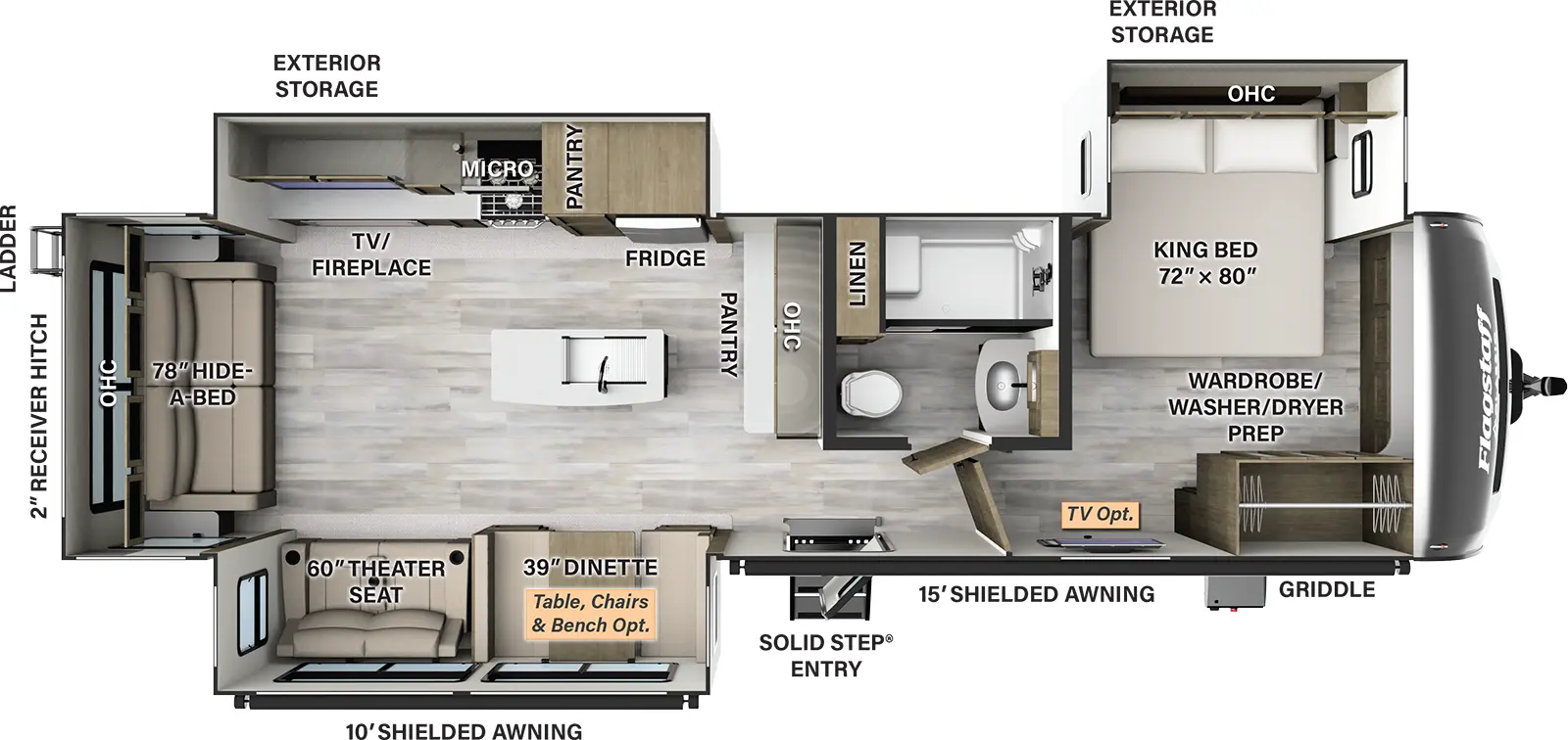 The 832IKRL has three slide outs and one entry. Exterior features a 10 foot and a 15 foot shielded awnings, solid entry step, griddle, exterior storage, rear ladder, and 2 inch receiver hitch. Interior layout front to back: door side wardrobe with washer/dryer prep, and off door side king bed slideout with overhead cabinets (TV optional); side aisle full bathroom with linen closet; entry; pantry with overhead cabinets along interior wall; kitchen island with sink; off-door side slide out with refrigerator, pantry, microwave, cooktop, TV and fireplace; door side slide out containing dinette (table, chairs & bench optional) and theater seating; hide a bed sofa with overhead cabinets in the rear. 